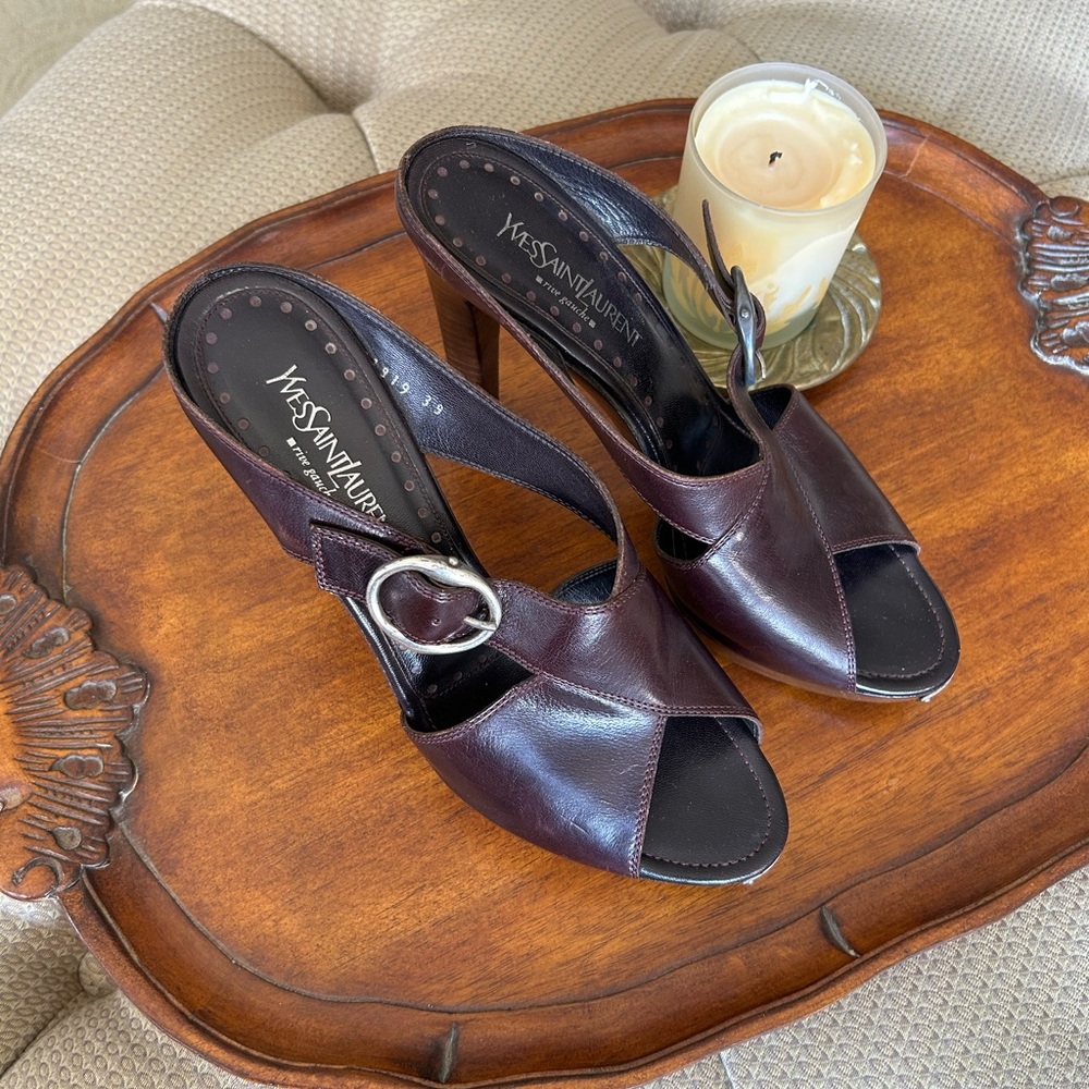 Yves Saint Laurent Women's Brown / Burgundy Wooden Heeled Sandals Size 9 - Picture 2 of 13